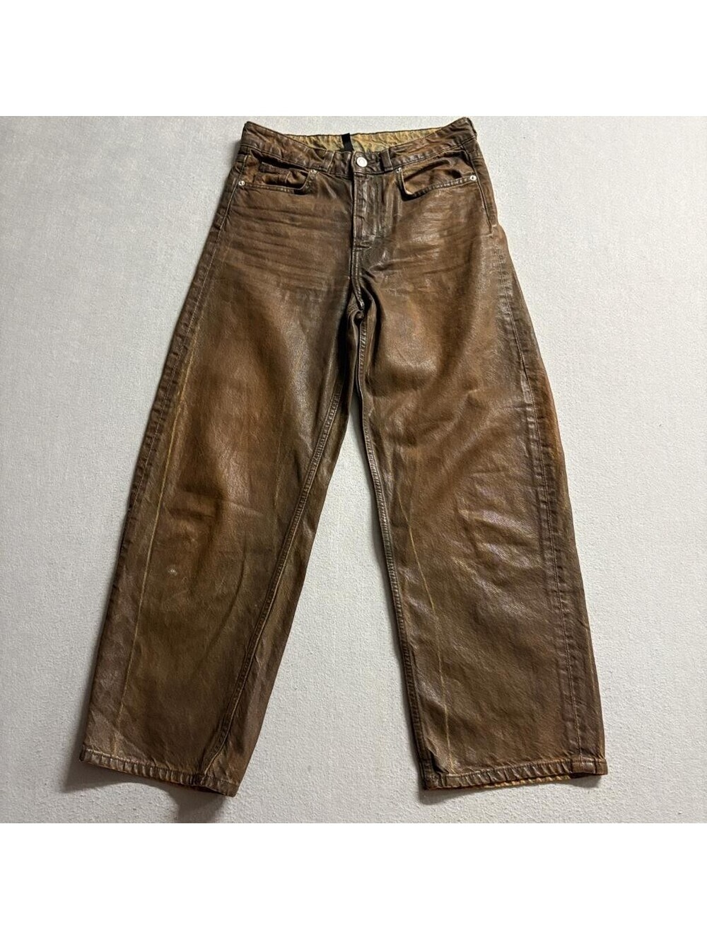 H&M Divided Coated Brown Denim Jeans Womens Size 2 Wide Leg High Rise Waxed Look